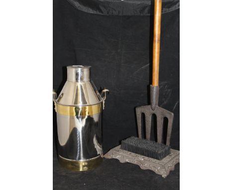 A wooden-handled iron four pronged fork, boot brush / scrape and a brass mounted stainless milk churn*