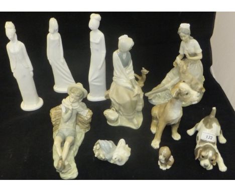 A collection of seven Lladro figures including woman seated with bird, woman seated with dog, young boy leaning upon faggots 