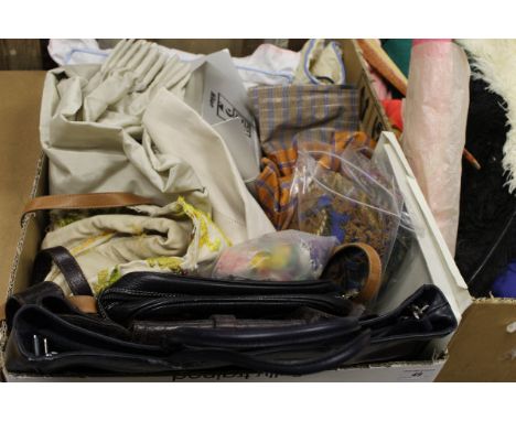 A box of assorted textiles, handbags, etc, to include a vintage Bally bag, various cushion covers, fabric lengths, etc
