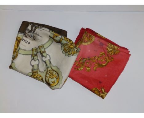 A silk Hermes headscarf  - Cuiveeries',  35" x 33" together with a (discoloured) Hermes scarf - 'Cosmos'. (2)