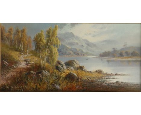 Sidney Yates Johnson (fl.1890-1926) - oil on canvas - A riverside path with lone figure, signed &amp; dated 1909, 11" x 23" -