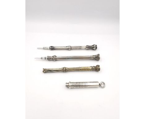 A set of four silver propelling pencils, three marked Sampson Mordan &amp; Co. with semi precious stones to include a tigers 