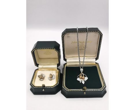 A cased bespoke made hop design silver and rose gold plated earring and pendant set by master goldsmith John Hugh Berry. The 