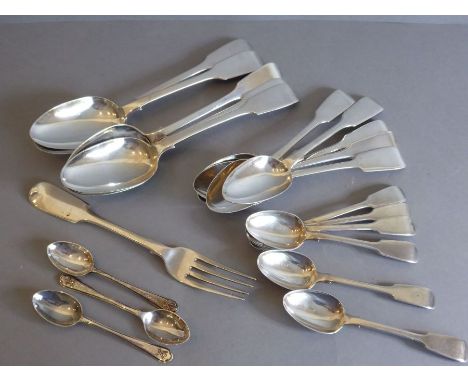 A variety of hallmarked silver flatware, mostly in the fiddle pattern: a set of five mid-19th century serving spoons; a set o