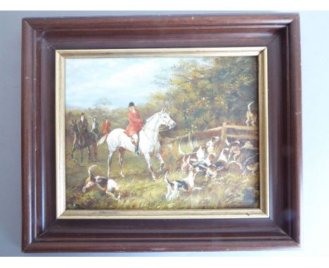 J BROWSE(?) - a good oil on panel hunting scene (modern), riders and hounds over wooden fences, signed lower right, wood fram