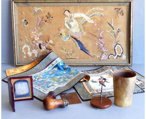 A variety to include an Oriental gilt-framed silk needlework study of the empress on the back of a fen amongst flowers and bu