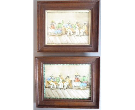 An unusual opposing pair of watercolour on ceramic studies. Three barefooted musicians and two&nbsp;dancers, possibly Afro-Cu