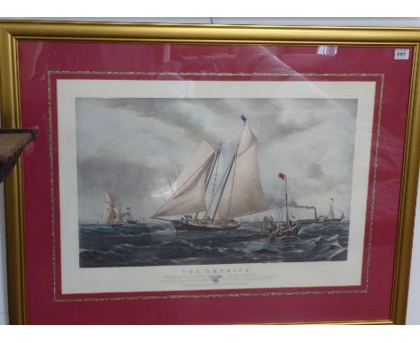 A coloured engraving, 'The America - Winning the Match at Cowes for the Club Cup',&nbsp;gilt-framed and glazed&nbsp;(image si