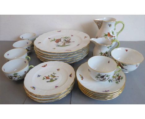 A part Herend dinner / tea service: 6 x 27.5cm dinner plates, 5 x 17cm side plates, a large sparrow-beak-style jug, a smaller