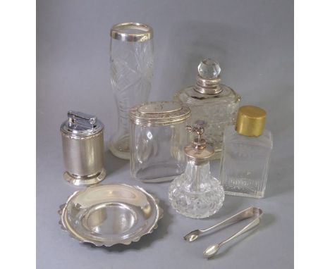 Silver and glassware etc. to include a small hallmarked silver dish, a pair of hallmarked silver sugar tongs, circular hallma