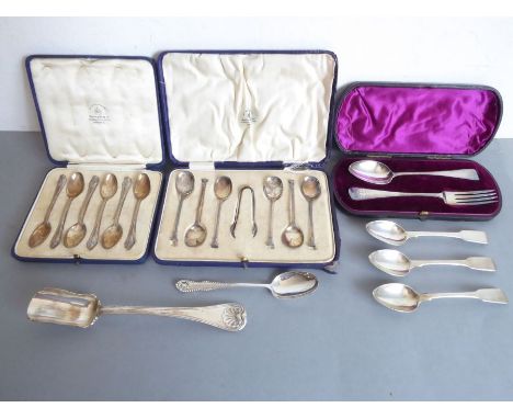 A cased set of six Mappin &amp; Webb hallmarked silver coffee spoons, together with silver sugar tongs, one further cased set