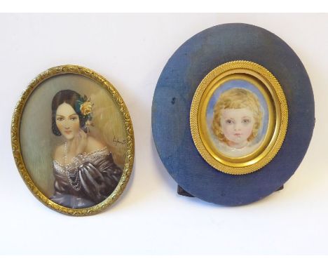 An oval-framed portrait miniature of a young lady in Spanish style and a framed portrait of a child (2)