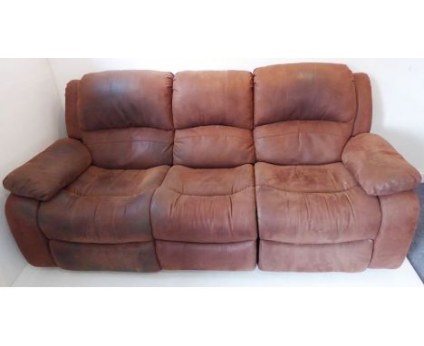 A modern three-seater brown-leather sofa; the end seats with reclining mechanism (220cm wide x 103cm deep x 95cm high)