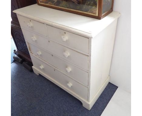 A late 19th / early 20th century pine chest;&nbsp;cream-painted in shabby-chic style; moulded top above two half-width and th