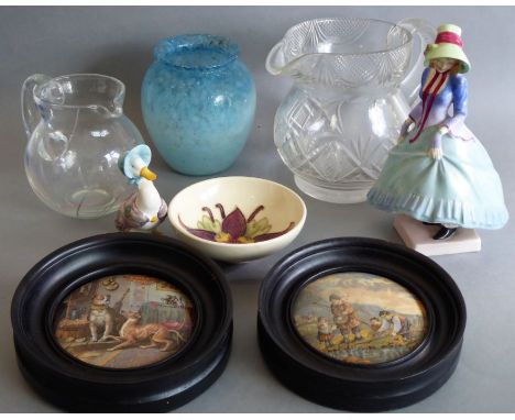 A selection of ceramics and glassware: a Royal Doulton figure, 'Pantalettes'; Beatrix Potter's 'Jemima Puddleduck'; a small M