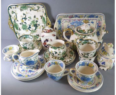 A selection of hand gilded and decorated Mason's Ironstone teaware: 'Chartreuse' - teapot, cake plate, jug, three cups and sa