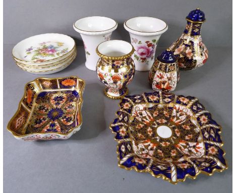 Seven small pieces by Royal Crown Derby and a set of four Minton 'Marlow'trinket dishes. The RCD comprising a pair of vases i