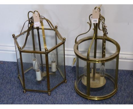 A circular brass and glass three-light ceiling lantern (approx. 30 cm high), together with one other similarly sized hexagona