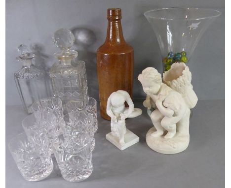 A selection of glassware and three ceramic pieces: a set of six cut-glass spirit glasses, a 19th century decanter, a later sp