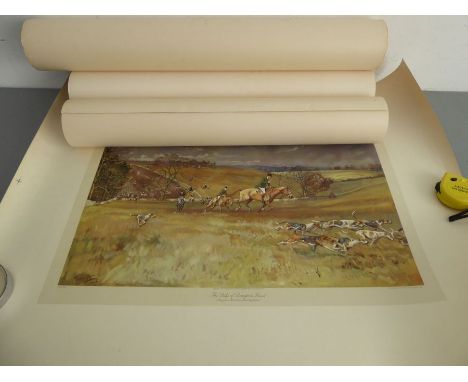 Four unframed coloured hunting prints by Michael Lyne 'Whaddon Chase' with blind stamp and signed in pencil in the margin low