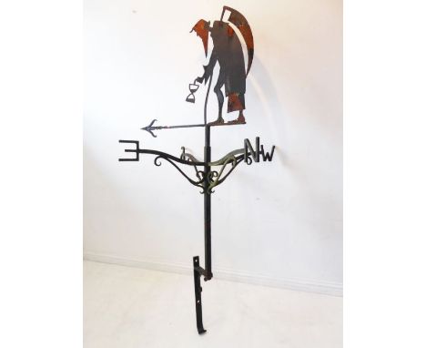 A large wrought-iron weather vane; surmounted with a figure of Old Father Time and wall-mounting bracket below (approx. 197cm