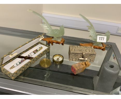 COMPASS, STAMP, PENCIL &amp; 2 JADE BIRDS COMPASS &amp; CHINESE STAMP, BOXED CHINESE PEN &amp; 2 JADE BIRDS