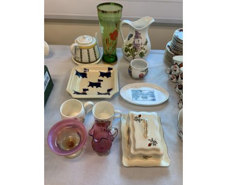 PORT MEIRION BOTANIC GARDEN JUG, SMALL POT, MINTON CHATSWORTH DISH, CRANBERRY GLASS JUG, DAMAGED COMMEMORATIVE MUGS, TEAPOT E