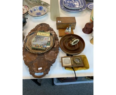 ORIENTAL CARVED TRAY, PAINTED TRAY, SLIDE COLLECTION REPRODUCTION SUNDIAL  ETC