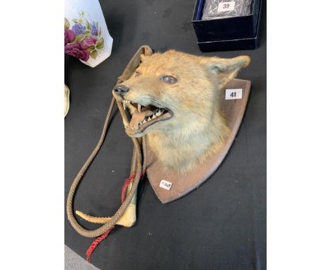 TAXIDERMY OF A FOX MASK, MOUNTED WITH RIDING CROP