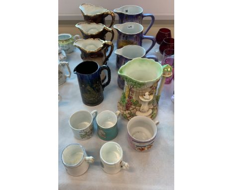 COLLECTION OF ARCADIA POTTERY JUGS TOGETHER WITH SYLVAC JUG, STAFFORDSHIRE JUGS ETC (13 ITEMS )