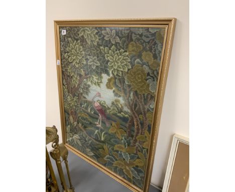 LARGE TAPESTRY OF A BIRD IN LANDSCAPE, FRAMED 25X31