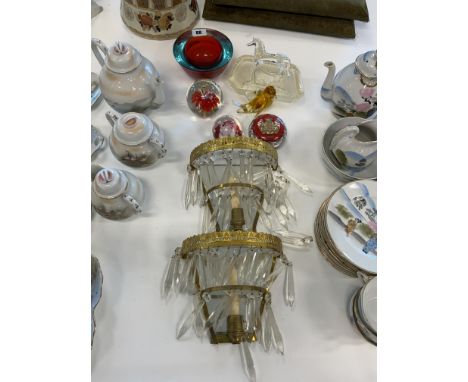 PAIR OF LUSTER WALL BRACKETS, 2 GLASS PAPER WEIGHTS, GLASS DISH ETC. APPROX. 9 ITEMS