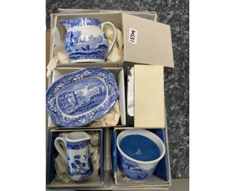 BOX OF MINATURE SPODE PIECES ( ITALIAN &amp; WILLOW PATTERN ) TOGETHER WITH ROYAL DOULTON MINIATURE LADY ELIZABETH, ALL BOXED