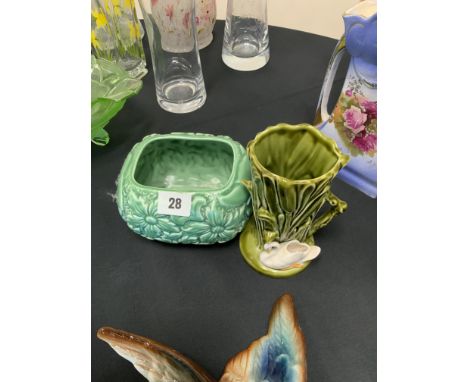 SYLVAC  VASE IN GREEN SYLVAC VASE IN GREEN TOGETHER WITH ANOTHER WITH SWAN DECORATION