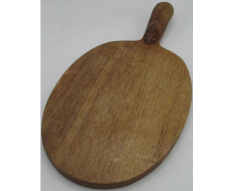 Robert Mouseman Thompson - oak oval cheese board, curved handle carved with signature mouse, W39cm D22cm 