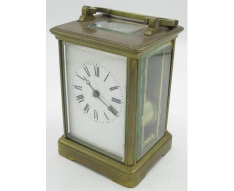 Late C19th French brass gorge cased carriage clock with white enamel Roman dial, twin train movement striking on a gong stamp