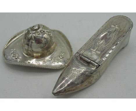 C20th continental silver snuff box in the form of a tricorn hat, hinged lid with gardening figures, W6.5cm, stamped 800 and a