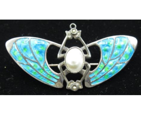 Art Nouveau Ramsden style silver and turquoise enamel butterfly brooch with inset pearl centre 