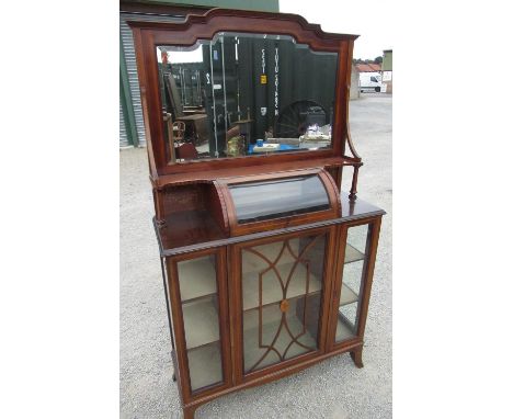 Edwardian Sheraton style mirror back side cabinet with stepped arch top and bevelled plate above a curved glass bijouterie cu