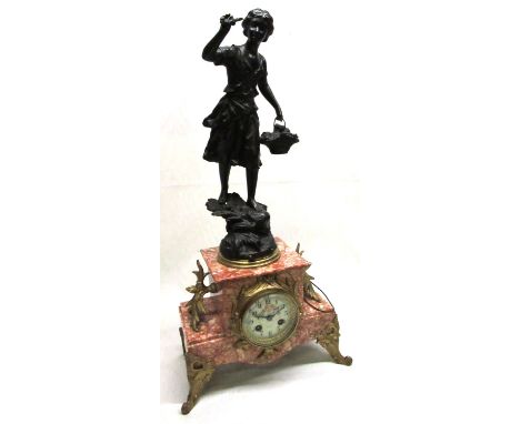 Early C20th gilt metal mounted salmon pink marble mantel clock, surmounted by a spelter model 'Cueillette', the white Arabic 