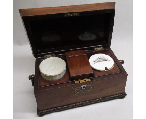 William IV rosewood sarcophagus tea caddy with gadrooned border, inlaid with brass, the interior with two compartments and ce
