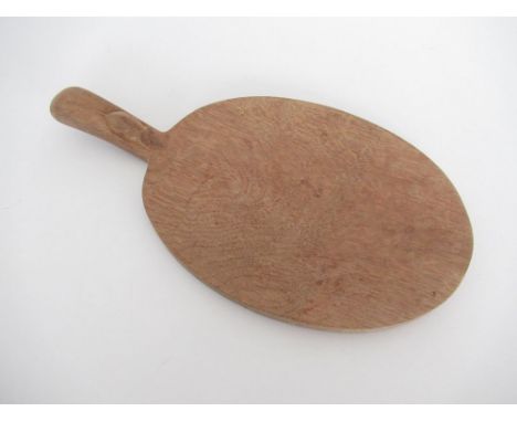 Robert Mouseman Thompson - oak oval cheeseboard, handle carved with signature mouse, L39cm W21cm 