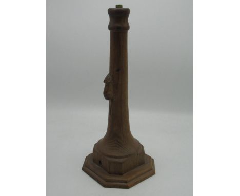 Robert Mouseman Thompson - oak table lamp, turned column on stepped octagonal base, carved with signature mouse, H33cm w14cm,