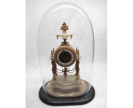 C19th French gilt metal mounted alabaster portico clock, drum movement with child in swing pendulum, white Roman Chapter ring