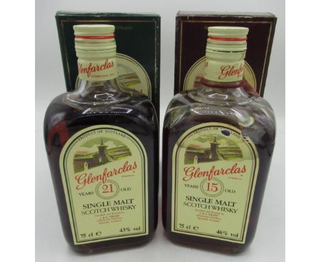 Glenfarclas Single Highland Malt Scotch Whisky, 15 years old, 46%vol, similar 21 years old, 43%vol, both dumpy bottles with s