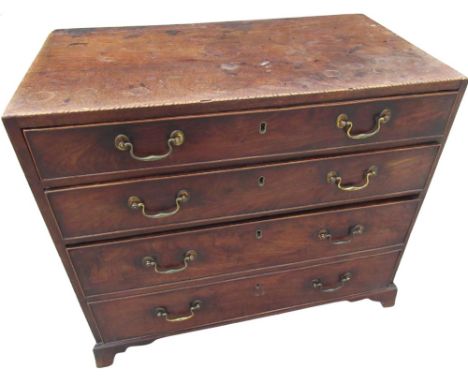 Small C18th mahogany chest with chequer banded top above two long and one deep drawer with faux two door front, brass swan ne