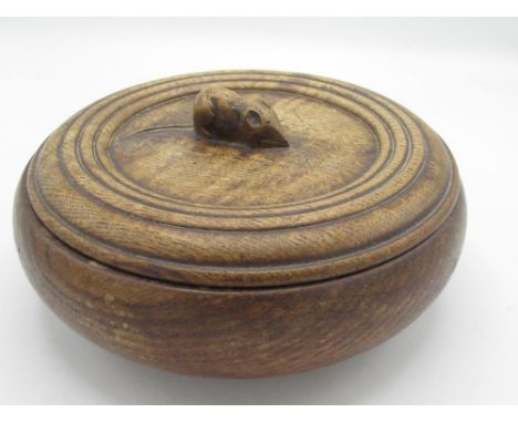 Robert Mouseman Thompson - turned oak bowl, the lid with reeded detail and carved with signature mouse finial, H22cm D14.5cm,