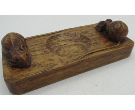 Robert Mouseman Thompson - oak rectangular pin tray, carved with two signature mice W5.25cm D7cm 