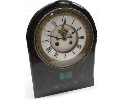 Victorian polished black slate mantel clock arched top case with green malachite panel, circular white Roman dial with visibl