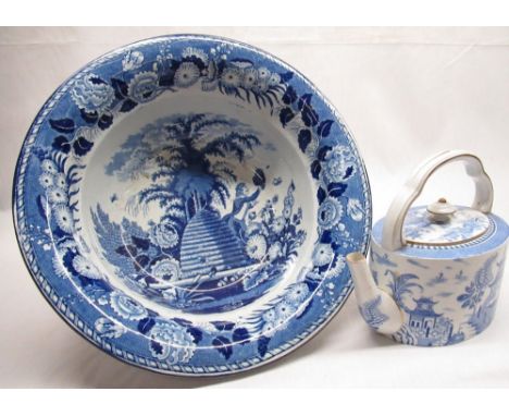 Victorian Staffordshire wash bowl, blue and white transfer printed with Bee Catcher pattern within floral borders, D34cm (A/F